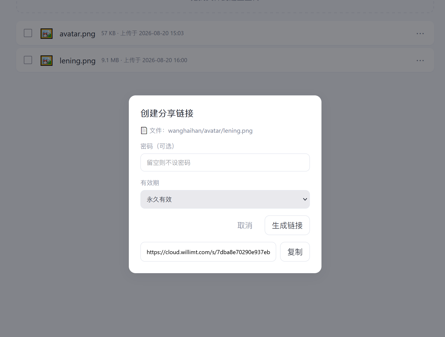 为单个文件创建分享链接,可选密码和有效期